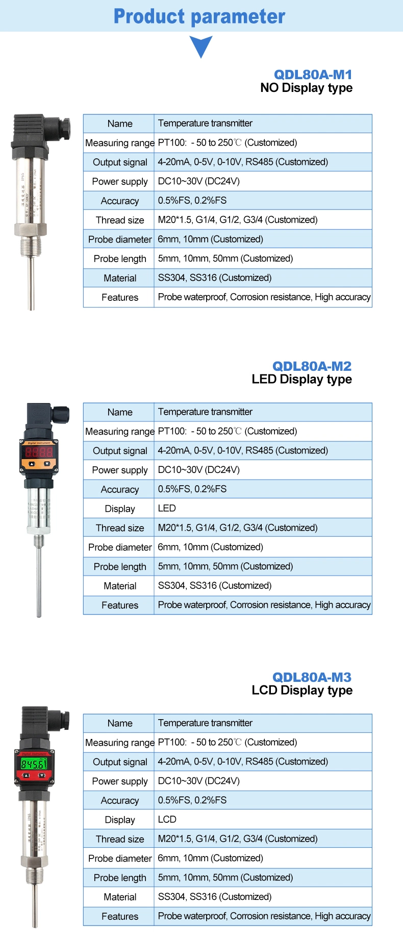 Customizable Temperature Transmitter Oil Temperature Sensor PT100 Thermal Resistance Input